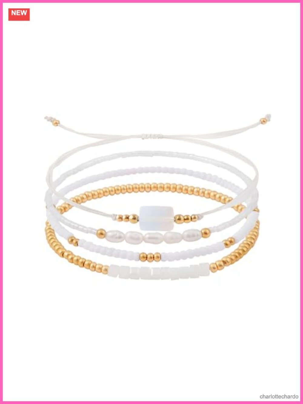 14K Gold Plated Beaded Bracelet Set Stackable Paperclip Link Chain Adjustable